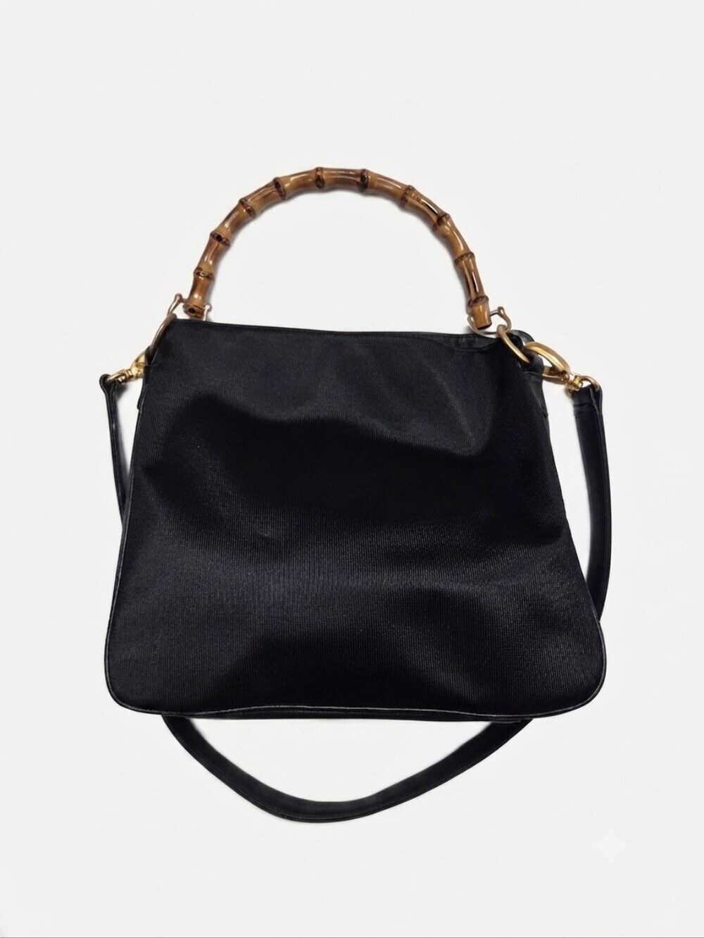 Vintage Black Satin & Leather Handbag with Authentic Bamboo Handle – Elegant Eve